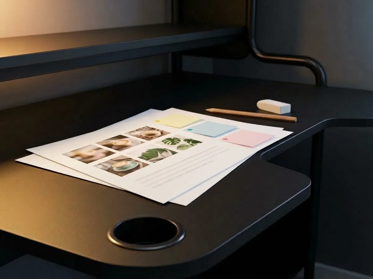 A printed grid of small photos laid out as a planned feed, and sticky notes with coloured dots for themes.