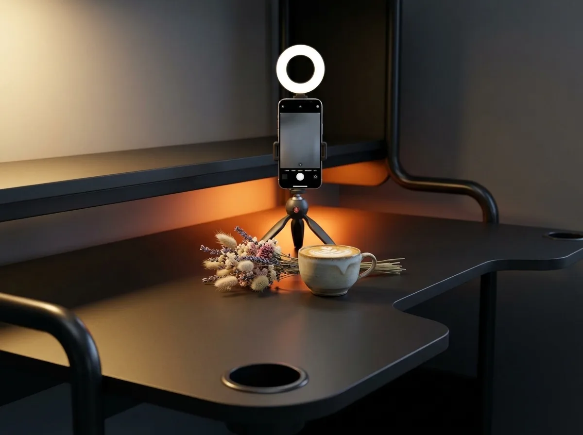 A phone in portrait mode on a small tripod with a ring light, pointed at a coffee cup and dried flowers.