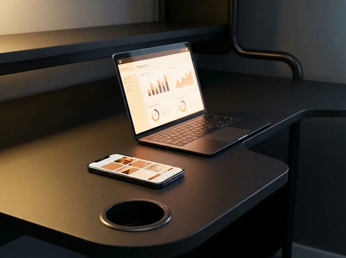 A phone showing a photo feed and a laptop with simple engagement charts.