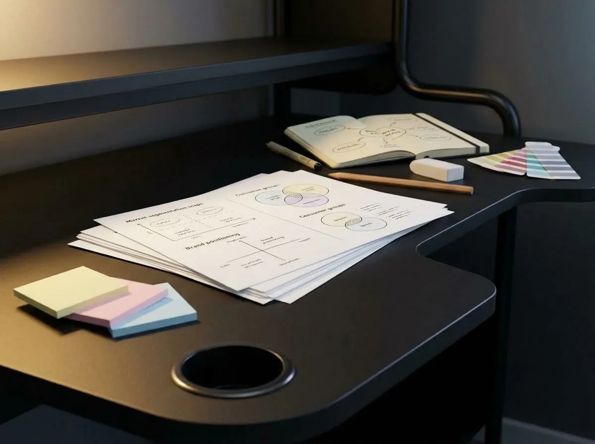 Printed notes and diagrams, sticky notes, an open notebook and colour chips on a black desk.