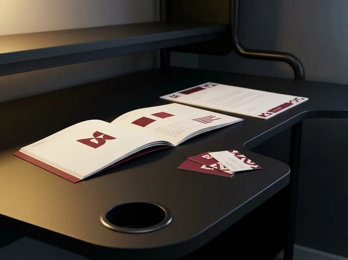 An open brand manual, business cards and letterhead in the same red and white identity.