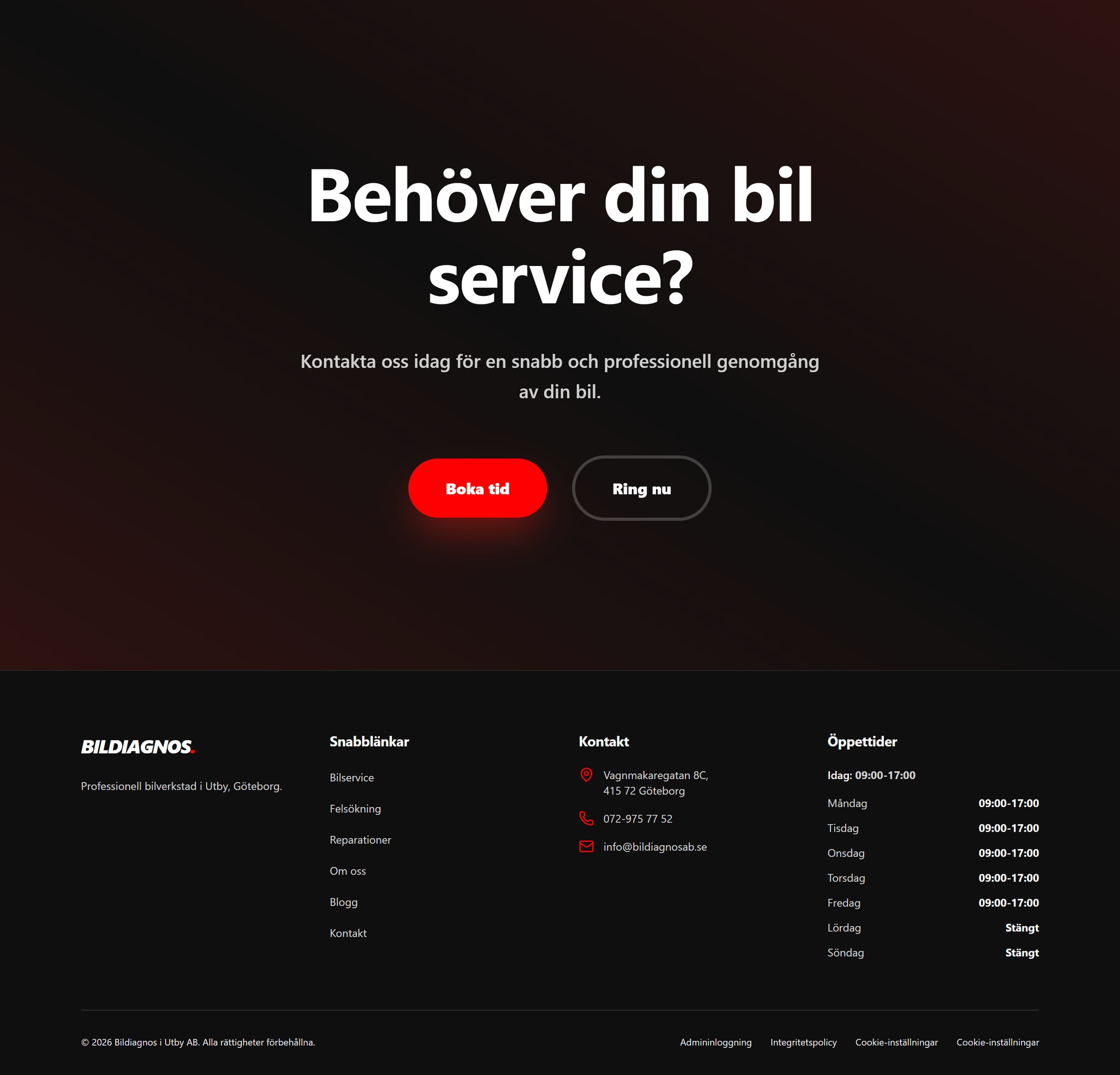 Avslutningen på startsidan: rubriken ”Behöver din bil service?” med knapparna Boka tid och Ring nu, och under den sidfoten med tjänstelänkar, adress, telefon och öppettider.