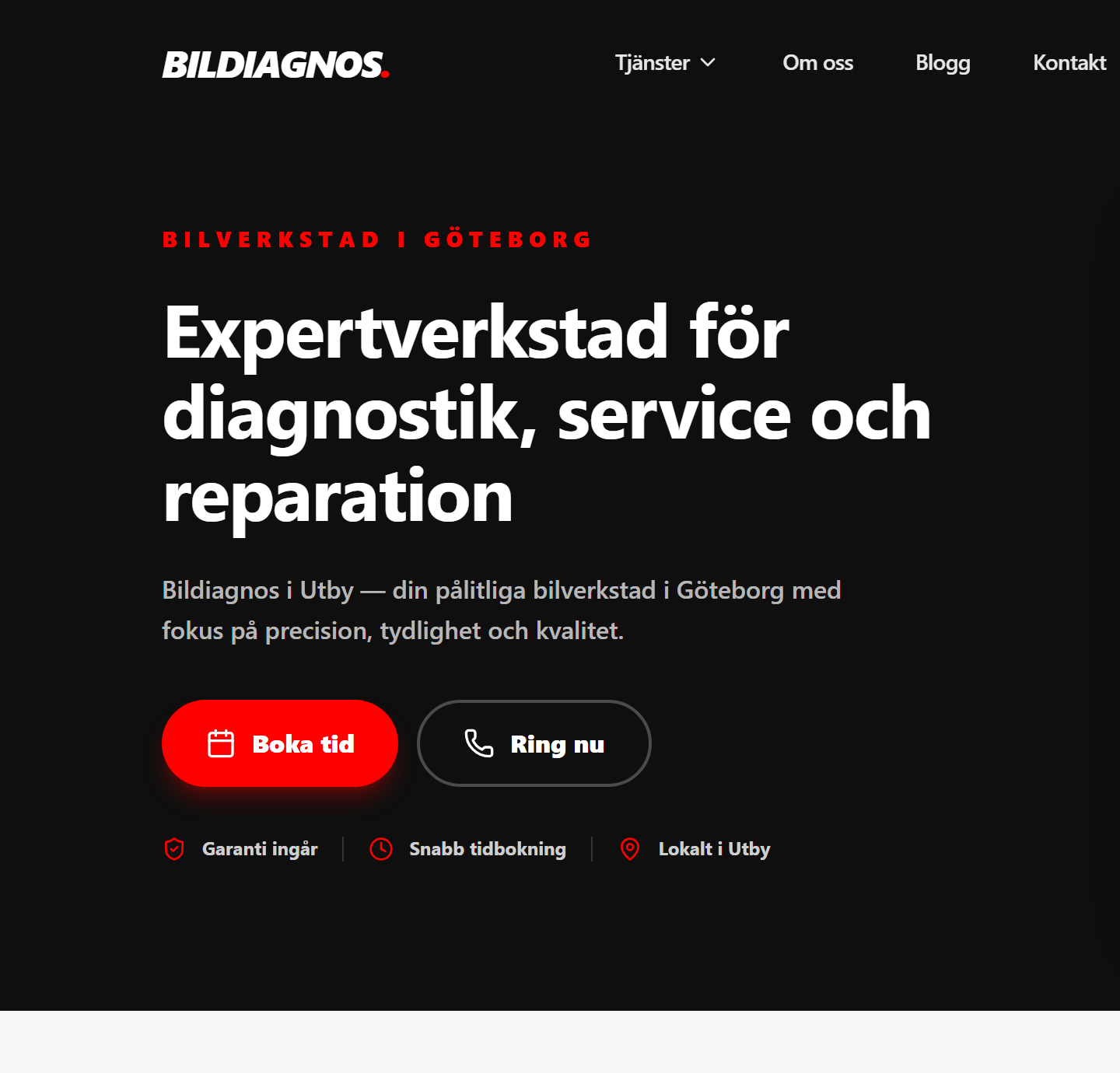 Startsidan på svenska: ”Expertverkstad för diagnostik, service och reparation” med knapparna Boka tid och Ring nu.