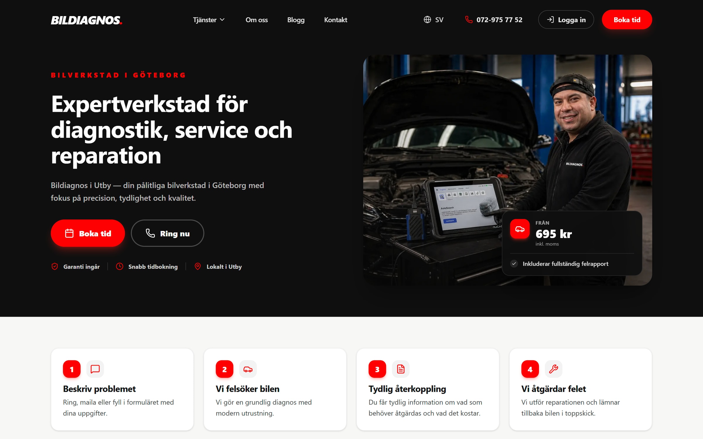 Den nya startsidan: rubriken ”Expertverkstad för diagnostik, service och reparation”, knapparna Boka tid och Ring nu, och fyra kort som förklarar hur ett besök går till.