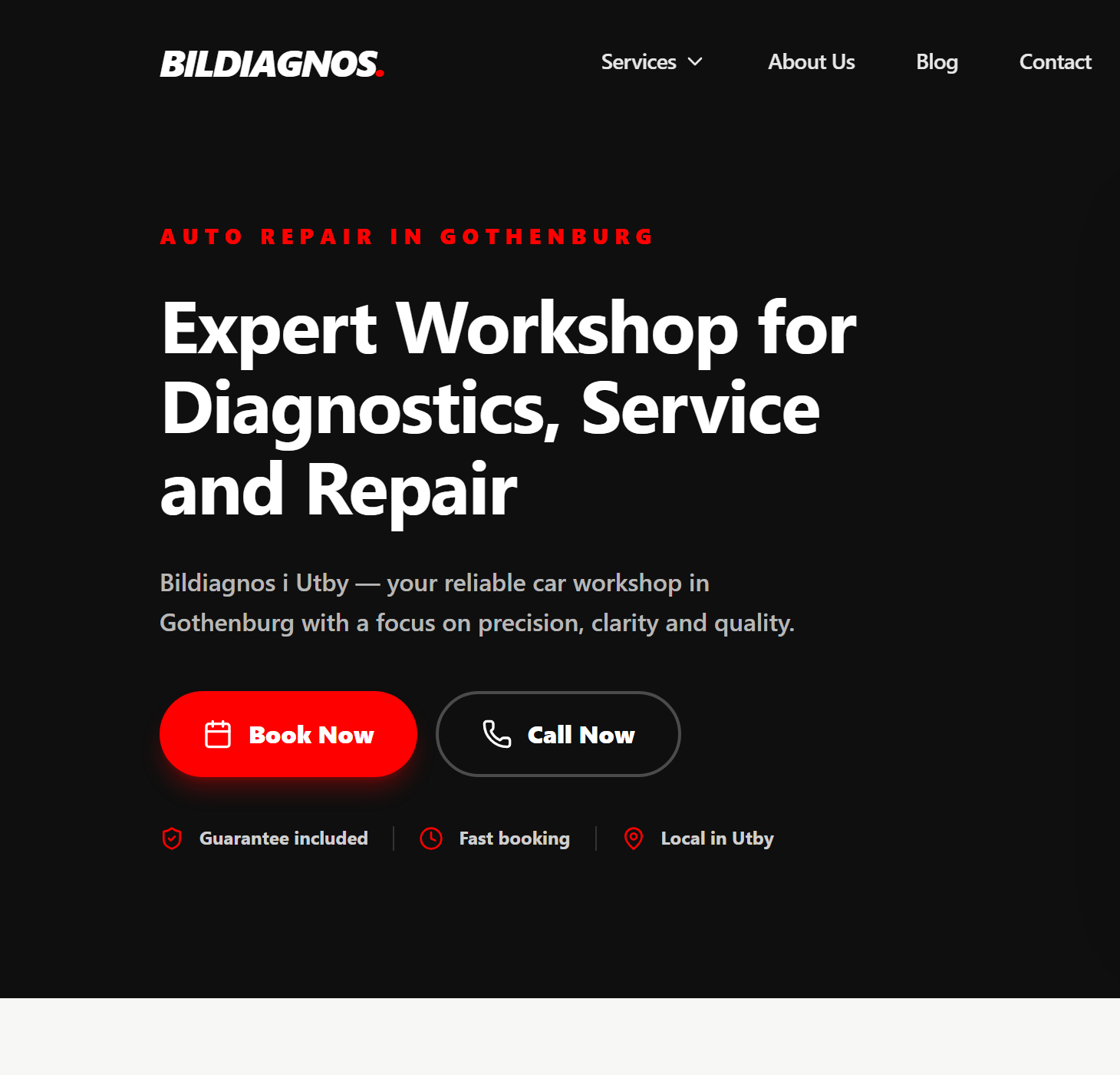Startsidan på engelska: ”Expert Workshop for Diagnostics, Service and Repair” med knapparna Book Now och Call Now.