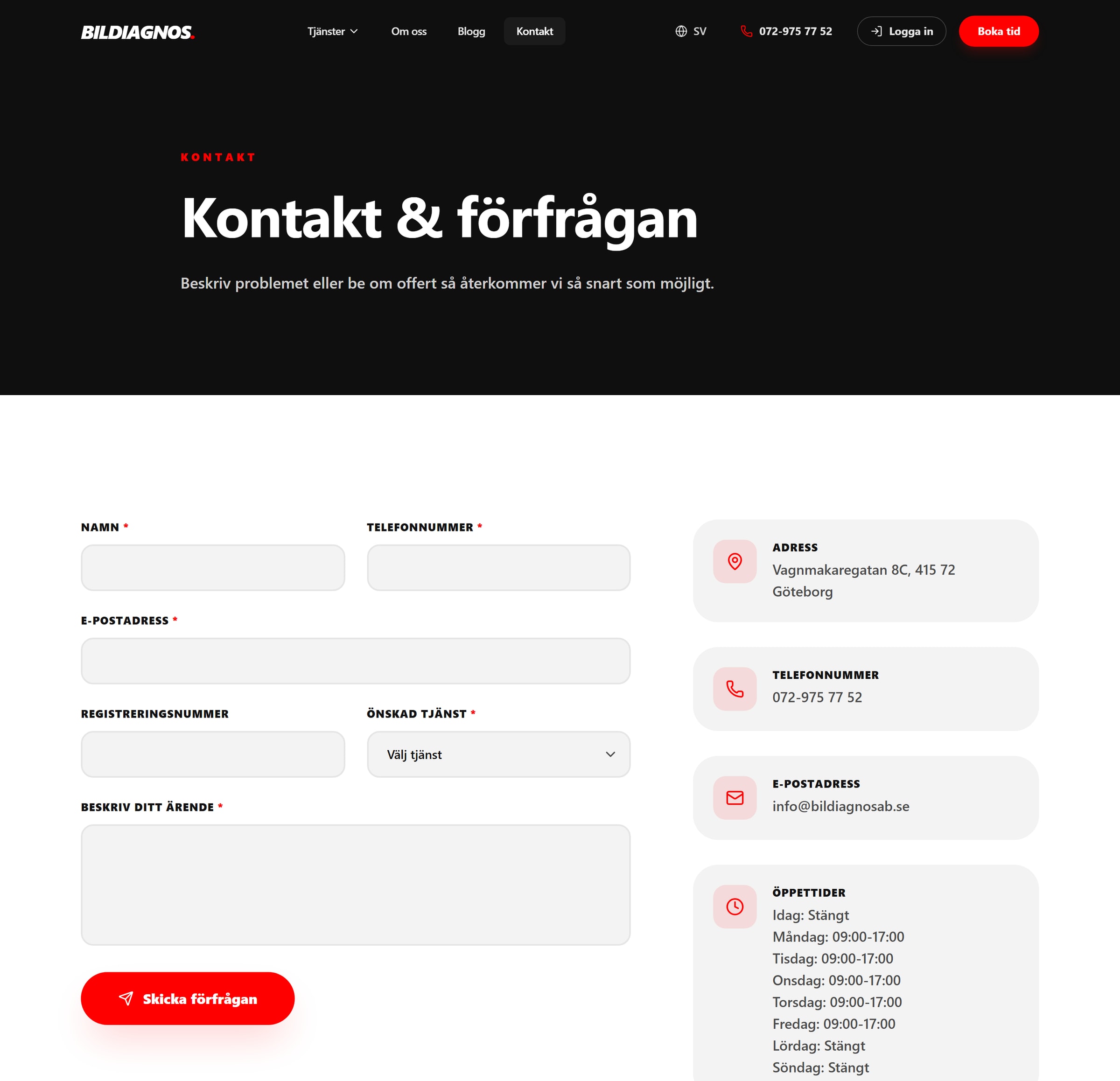 Sidan Kontakt & förfrågan: ett formulär med fälten namn, telefonnummer, e-post, registreringsnummer, önskad tjänst och ärende, och bredvid adress, telefon, e-post och öppettider.