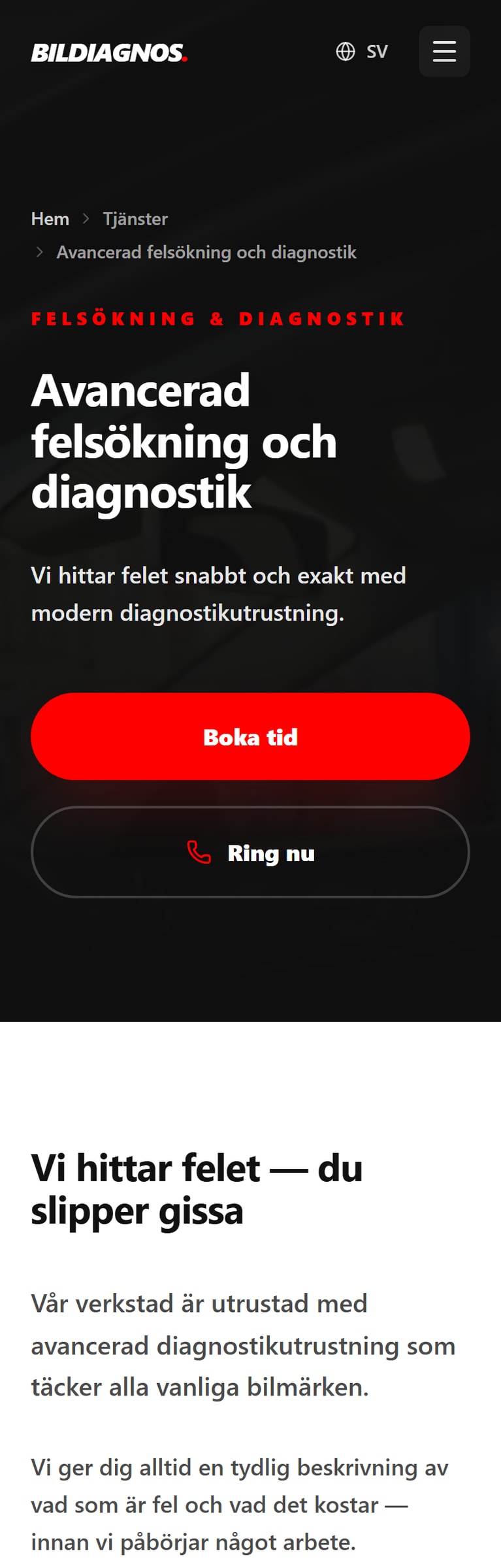 Tjänstesidan för felsökning i mobilen: rubriken ”Avancerad felsökning och diagnostik”, en röd knapp Boka tid och en knapp Ring nu, följt av texten ”Vi hittar felet — du slipper gissa”.