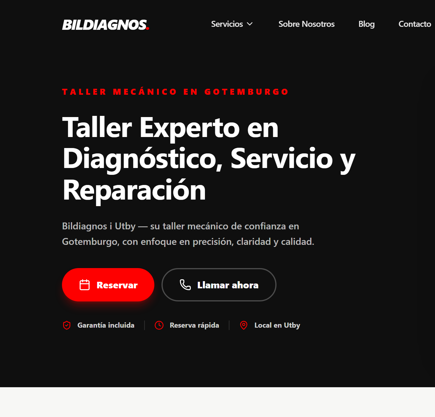 Startsidan på spanska: ”Taller Experto en Diagnóstico, Servicio y Reparación” med knapparna Reservar och Llamar ahora.