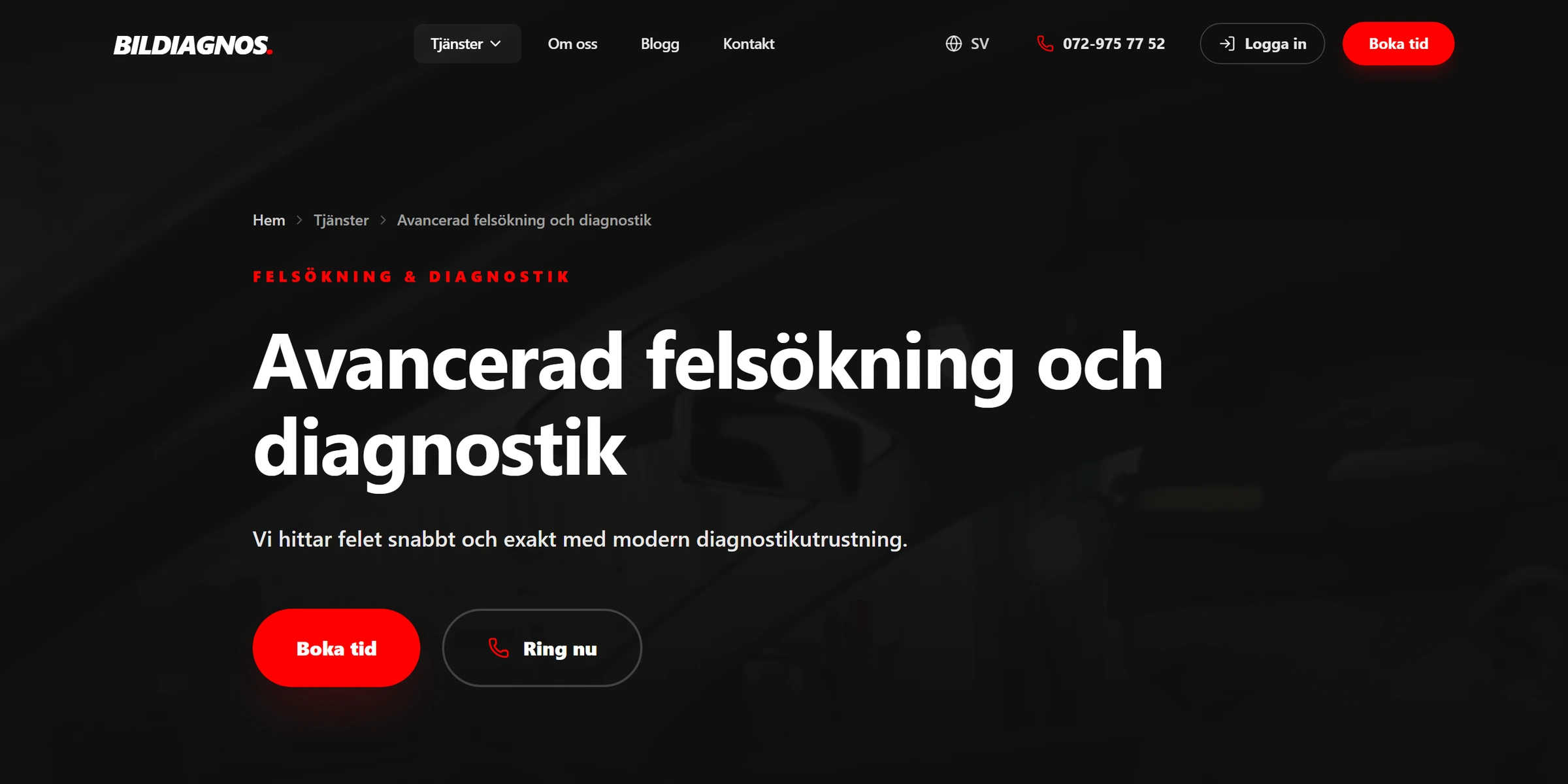Tjänstesidan för felsökning på bildiagnosab.se: mörk toppbild med rubriken ”Avancerad felsökning och diagnostik” och knapparna Boka tid och Ring nu.