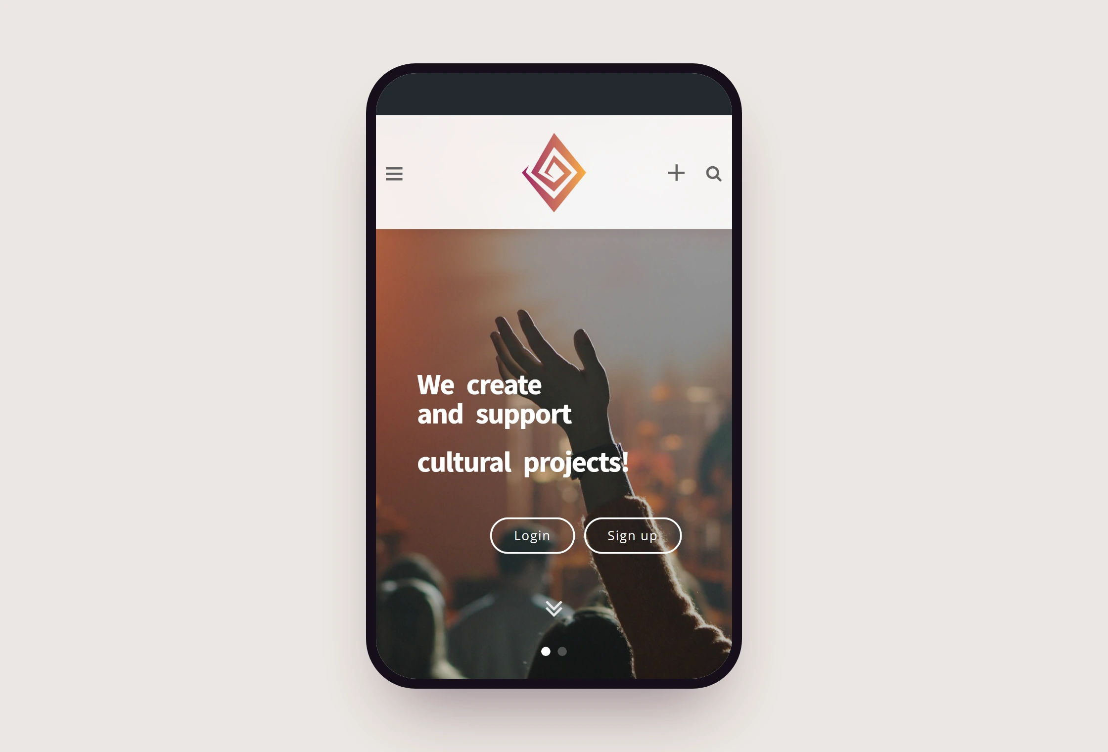 The old home page on a phone: the icon in a light header, the concert photo and small Login and Sign up buttons.