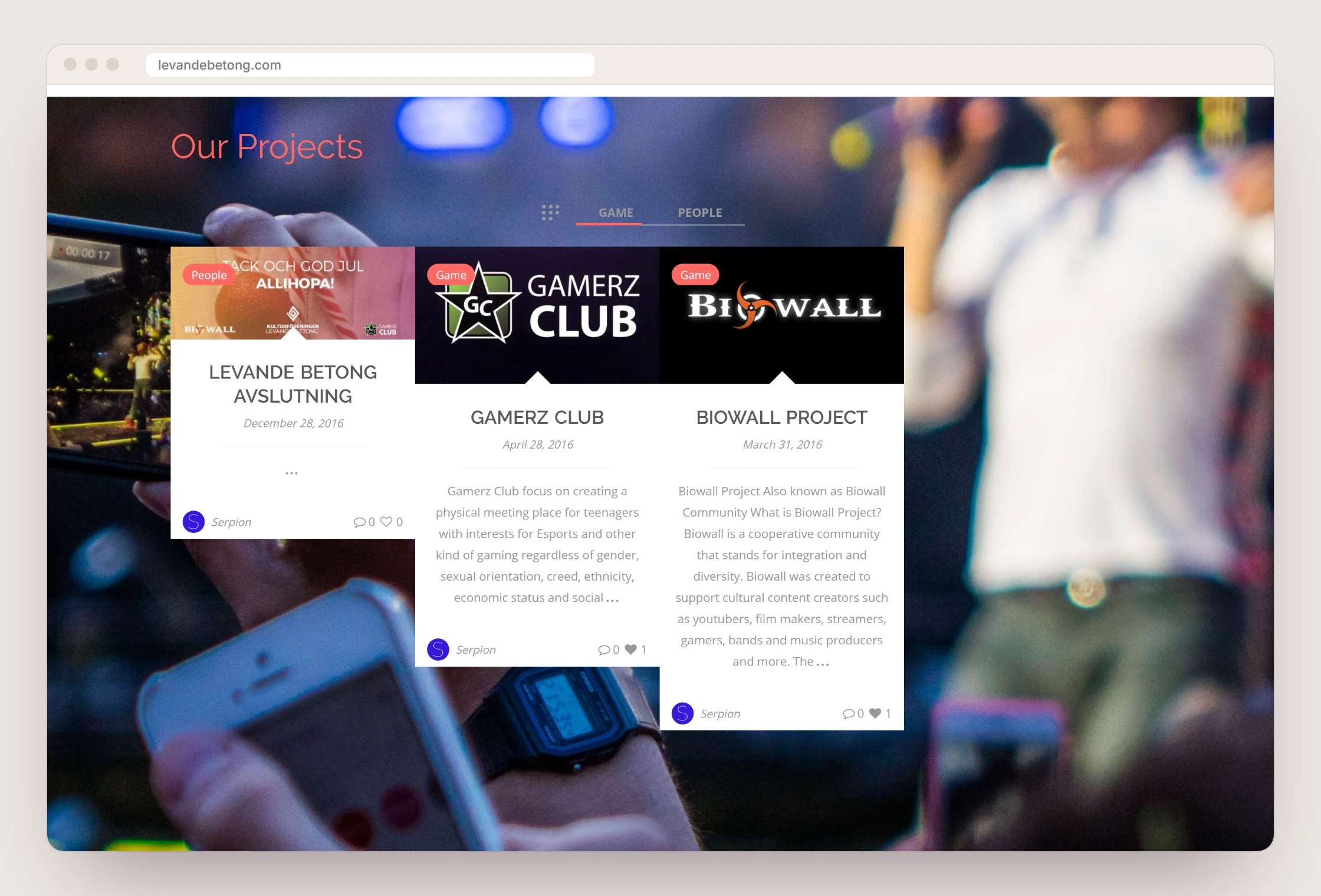 The "Our Projects" section on the old website: three cards for Levande Betong Avslutning, Gamerz Club and Biowall Project over a blurred concert photo.