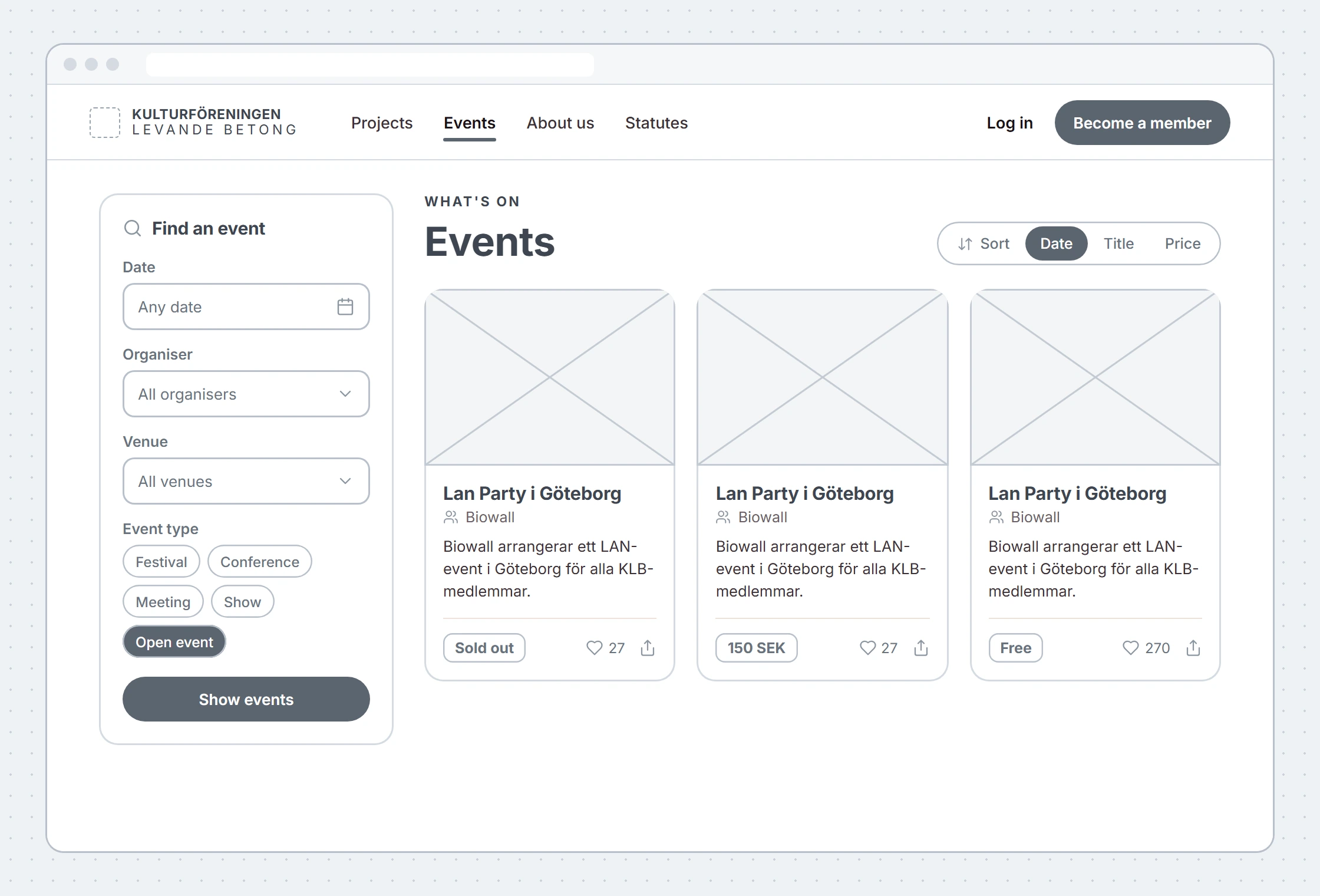 A greyscale wireframe of the events page: a filter panel with labels on the left, sorting and three event cards.
