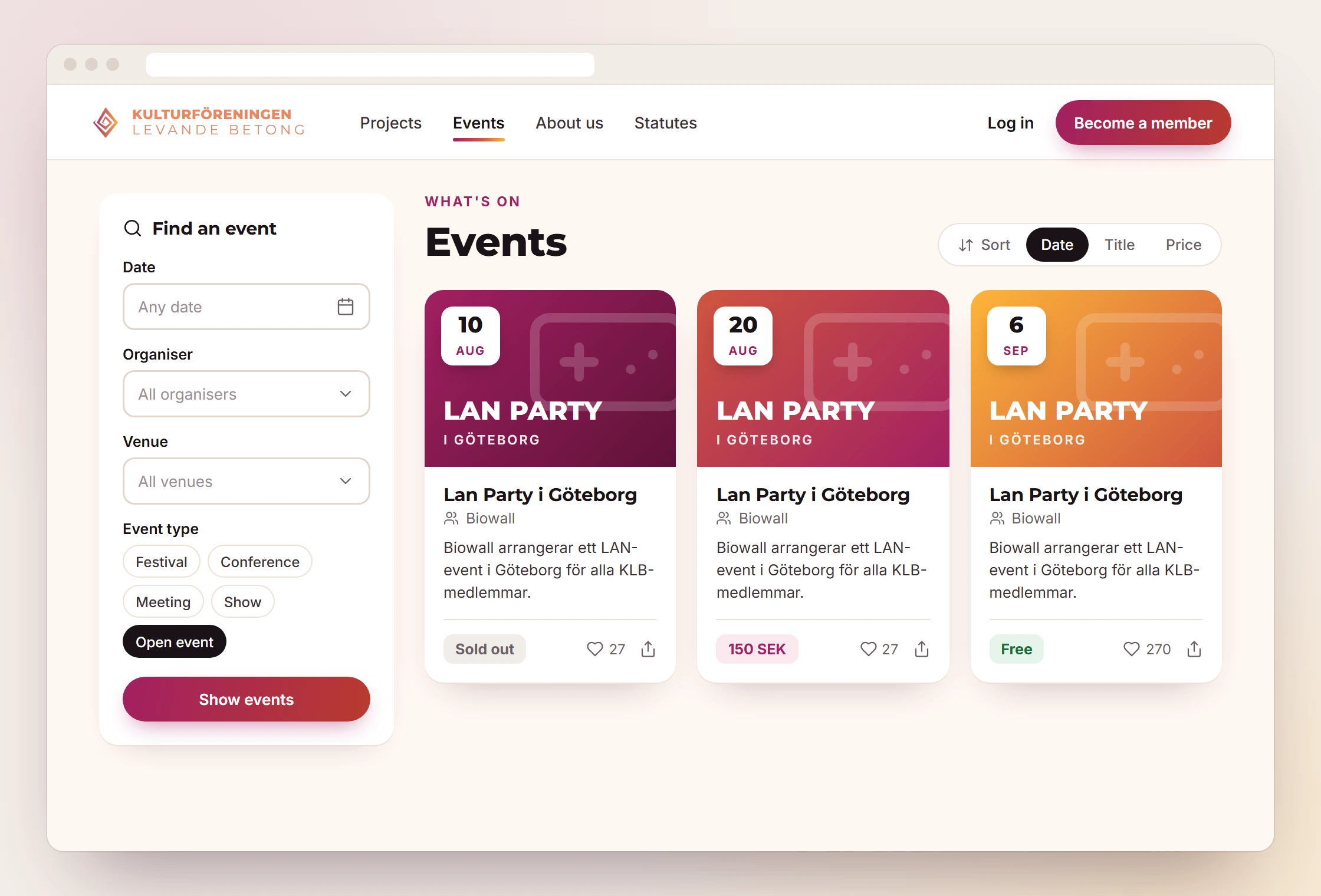 The new events page: the Find an event panel with date, organiser, venue and type, sorting by date, title and price, and three cards for Lan Party i Göteborg with a date badge and the prices Sold out, 150 SEK and Free.