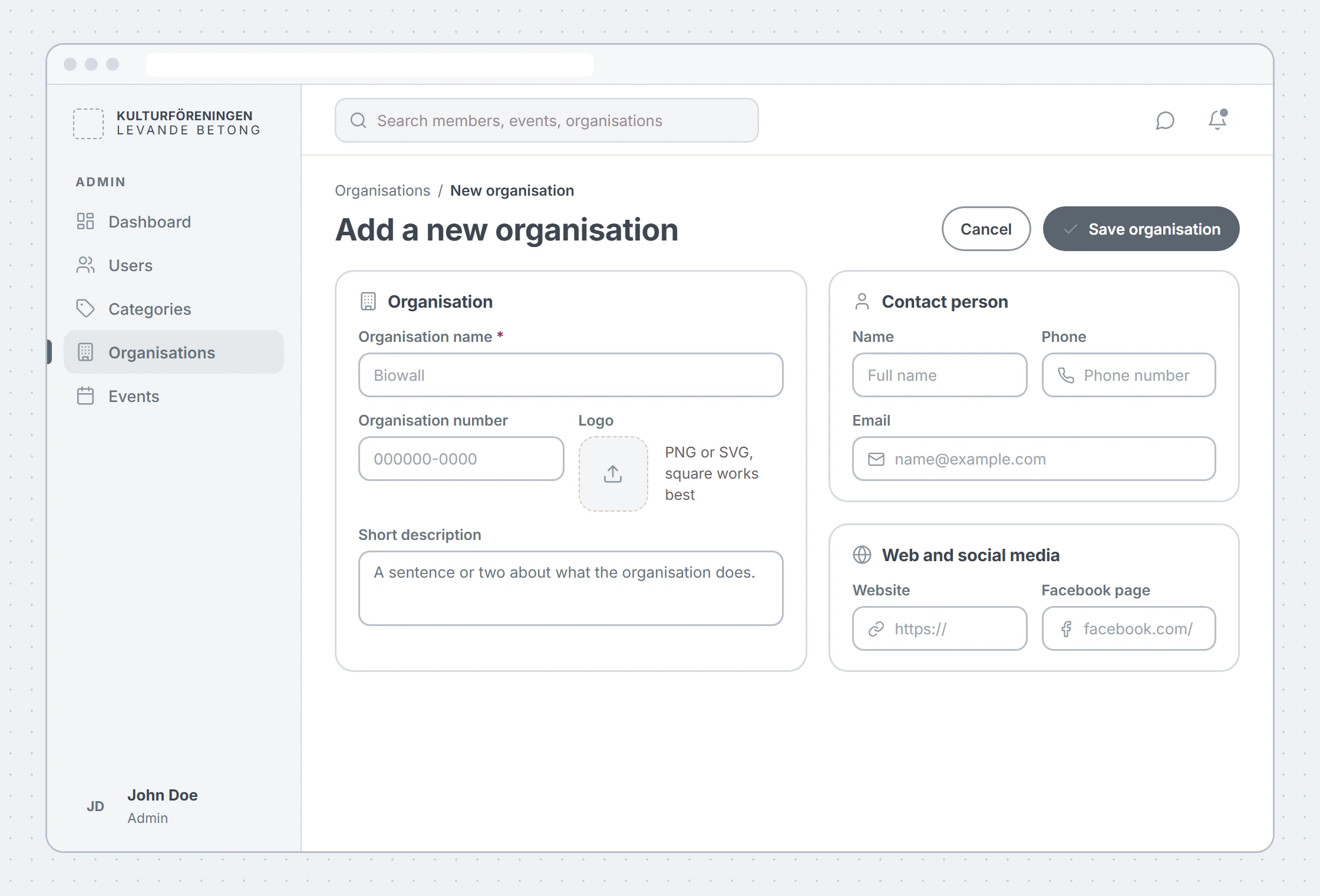 A greyscale wireframe of the portal: side menu, search field and the form in three cards.