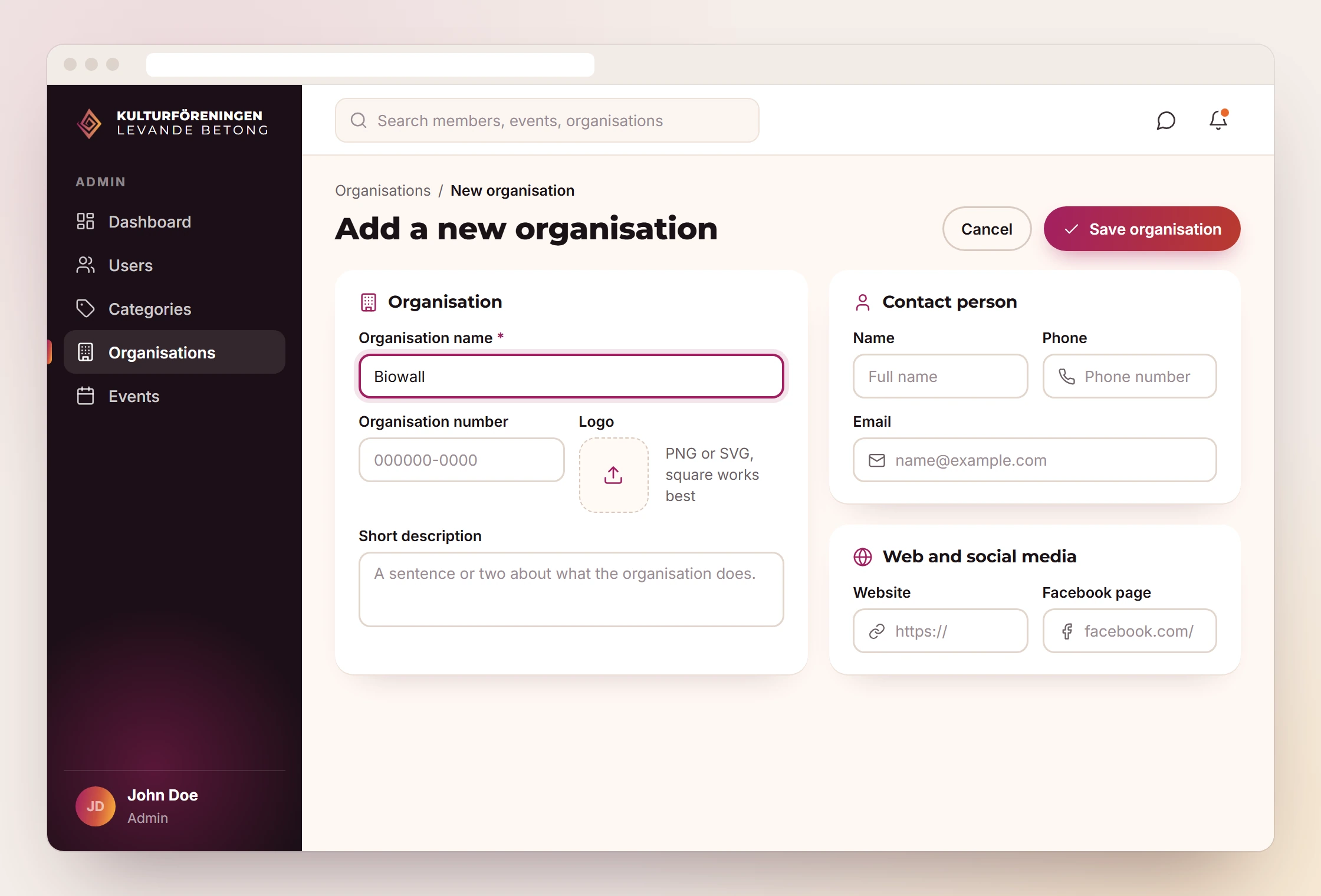 The new member portal: a dark side menu with the logo and Organisations selected, and the Add a new organisation form with the cards Organisation, Contact person and Web and social media.