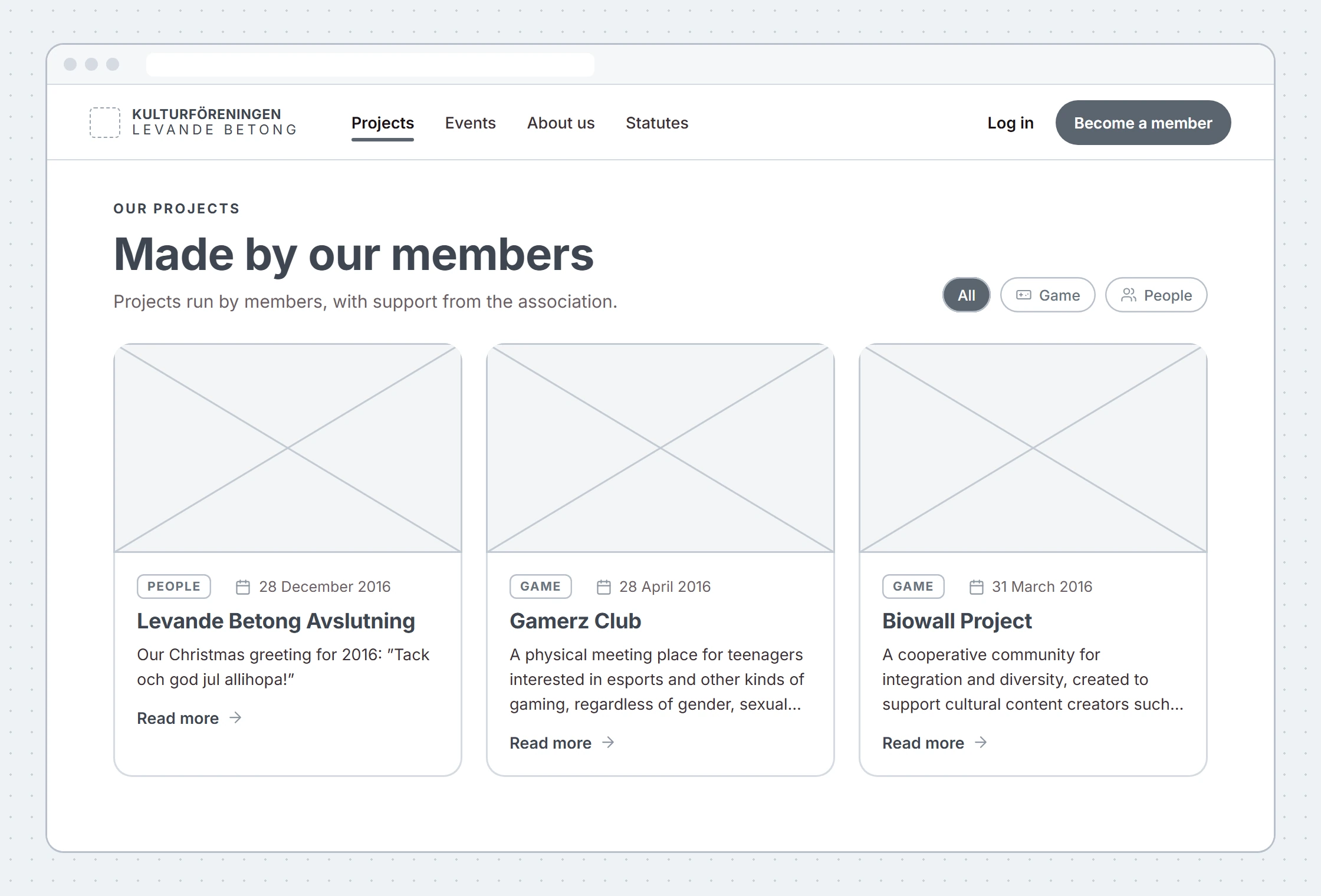 A greyscale wireframe of the projects page: heading, filters and three cards with an image area, label, date, title and text.