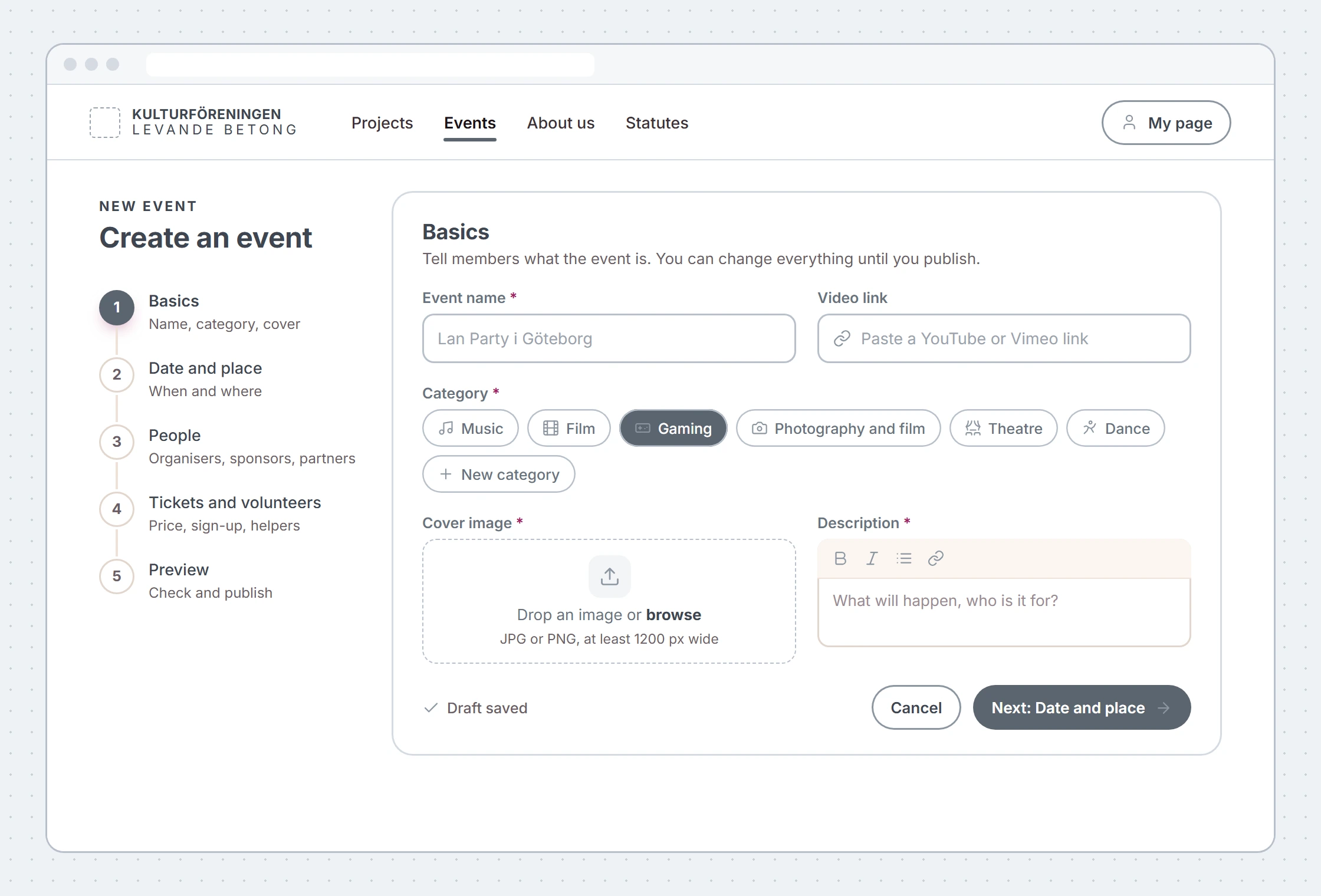 A greyscale wireframe of the form: five numbered steps on the left and fields for name, video link, category, cover image and description.