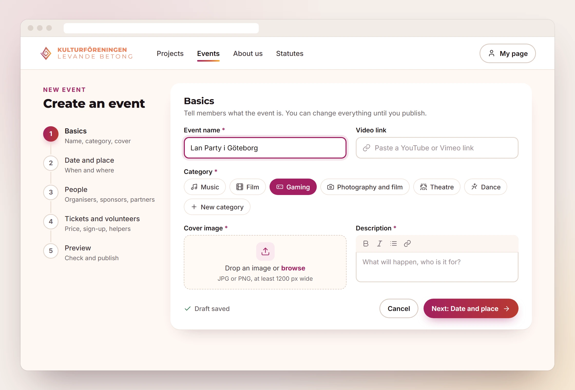 The new Create an event form: step 1 Basics is active, with the Event name field in focus, the Gaming category selected, an area for the cover image and the button Next: Date and place.