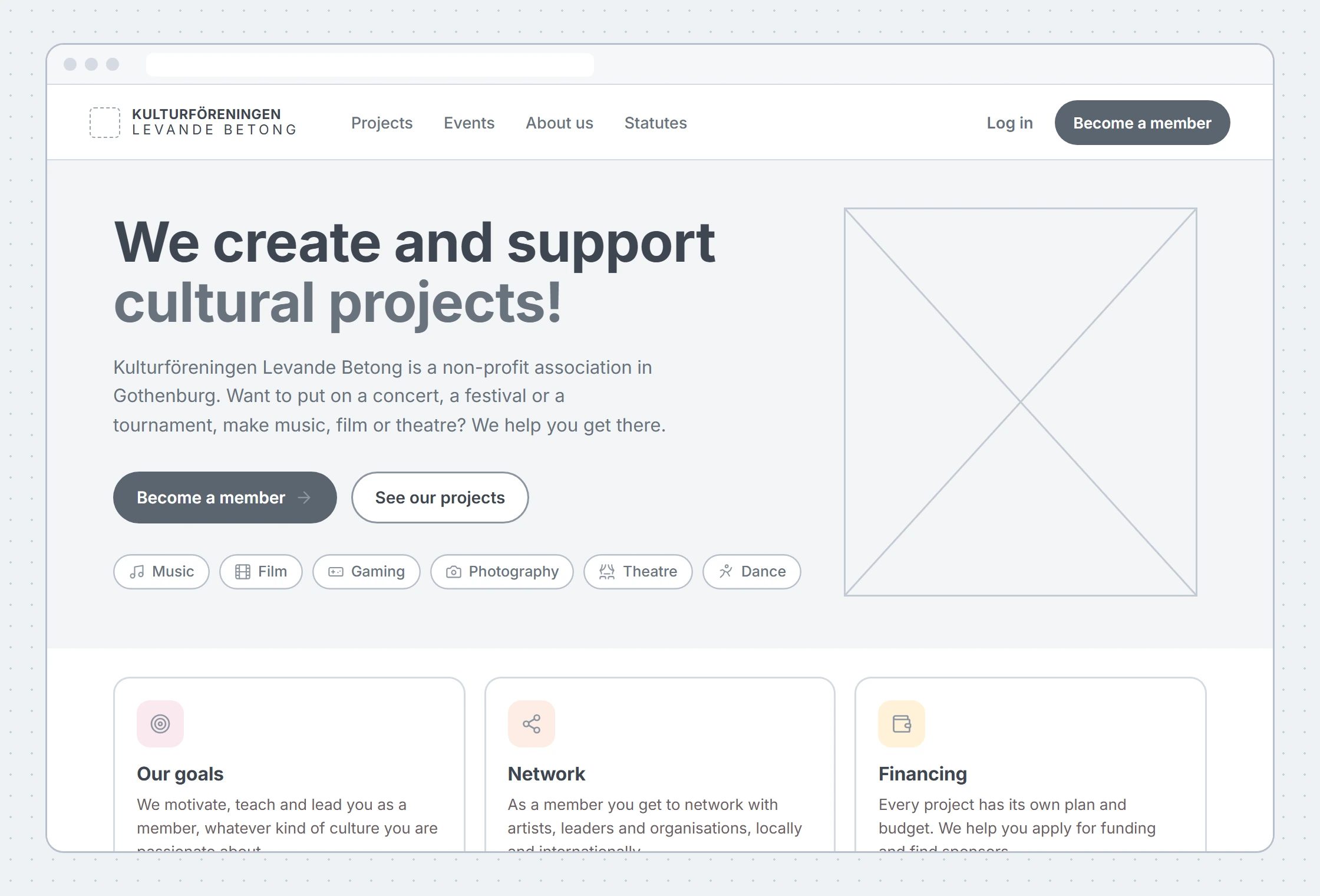 A greyscale wireframe of the new home page: menu, large headline, two buttons, category labels, an image area on the right and three cards below.