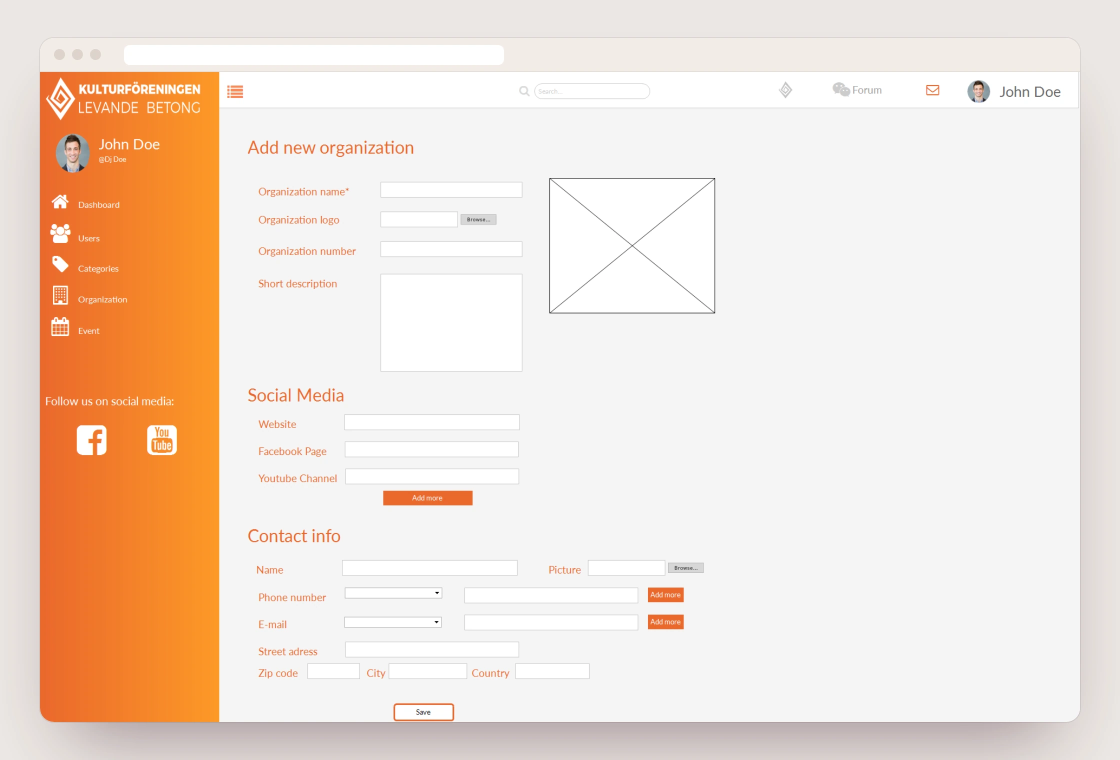 The member portal prototype: an orange side menu and a form for adding a new organisation.