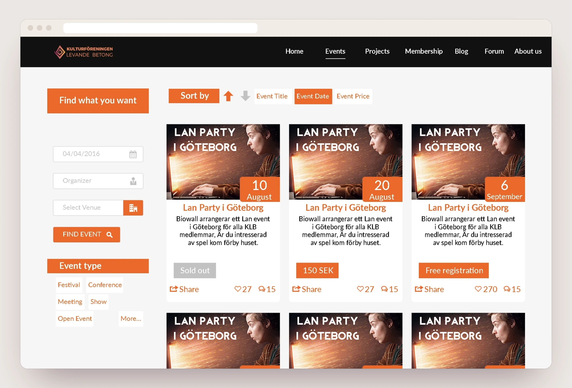 The design sketch of the event list: orange filters on the left and cards for Lan Party i Göteborg with date and price.