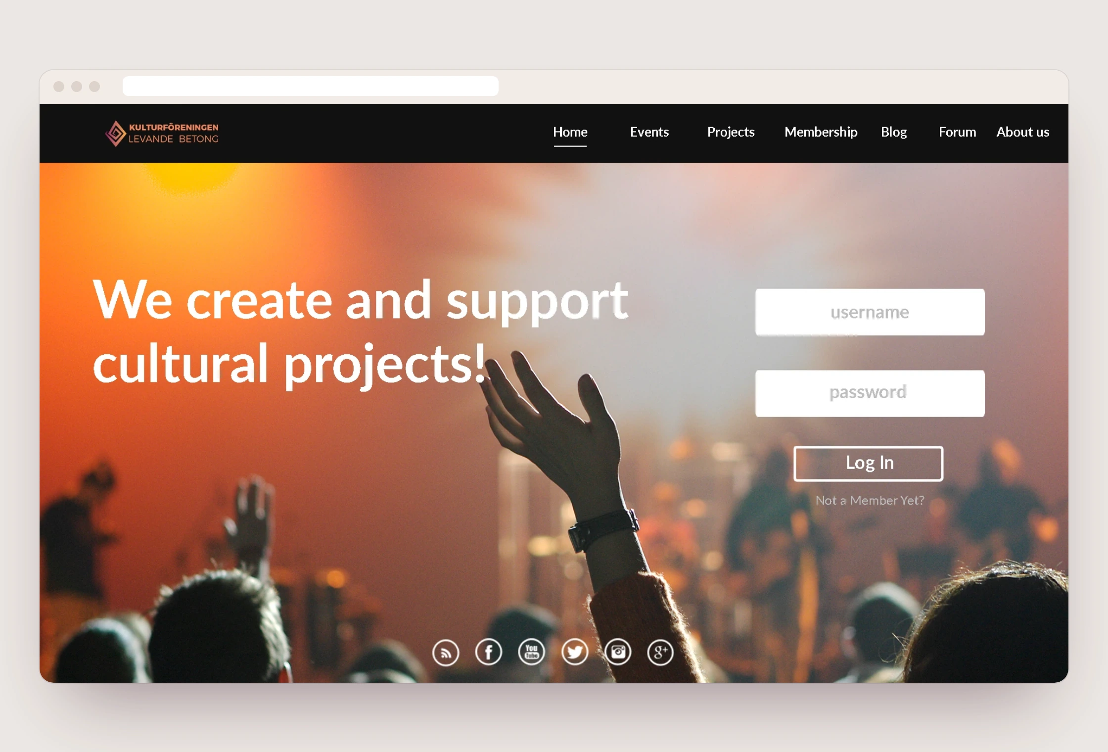 The design sketch of the home page in a browser window: a black menu with the logo, a concert crowd with one raised hand, the headline and a login box.