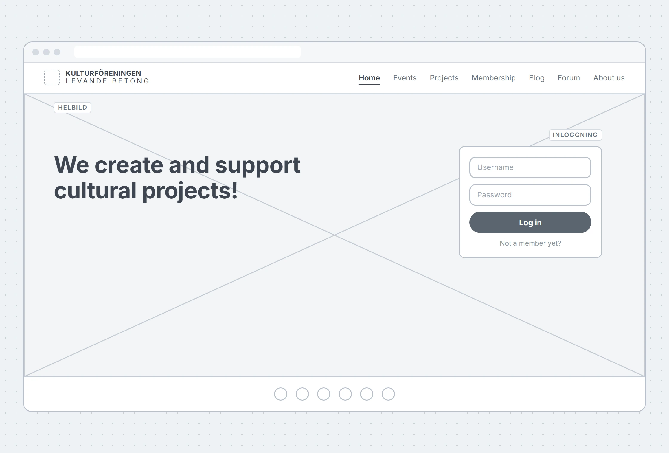 A greyscale wireframe of the home page: a menu with seven links, a full-width photo marked with a cross, the headline "We create and support cultural projects!" and a login box on the right.