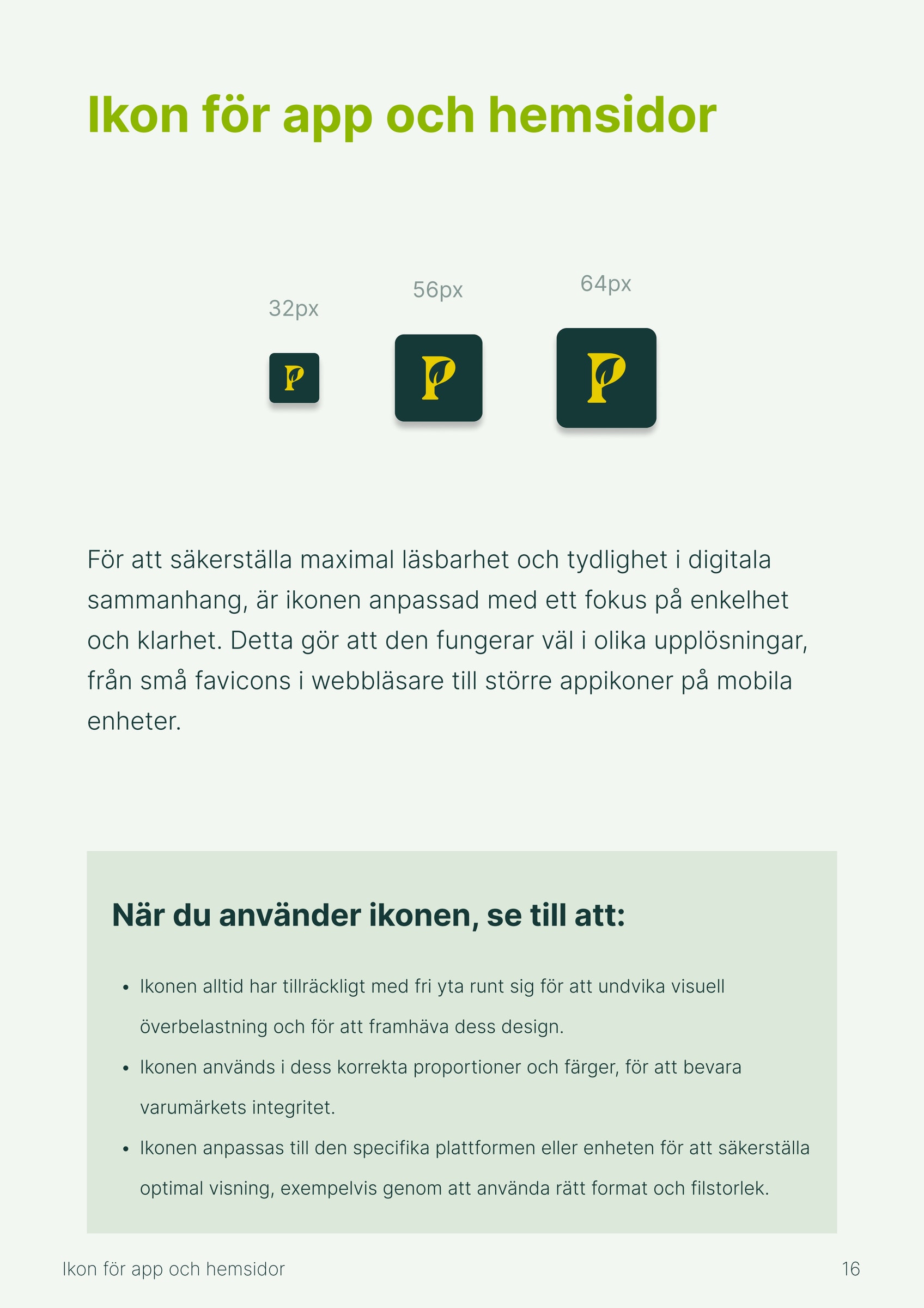 Manual page with the icon in three sizes and a list of advice on how to use it.