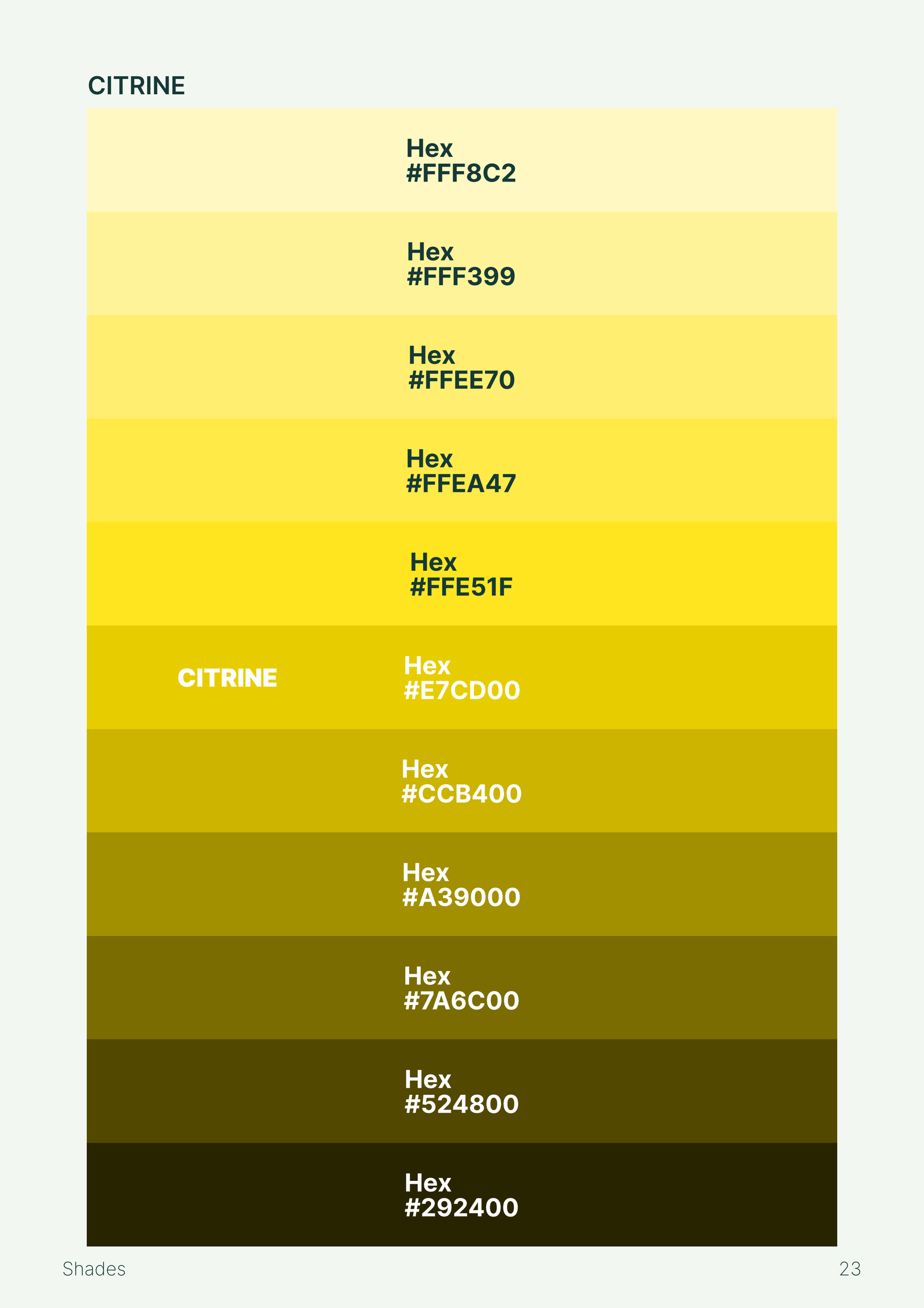 Manual page with the colour Citrine in eleven shades, from pale yellow to dark olive brown, with hex codes.
