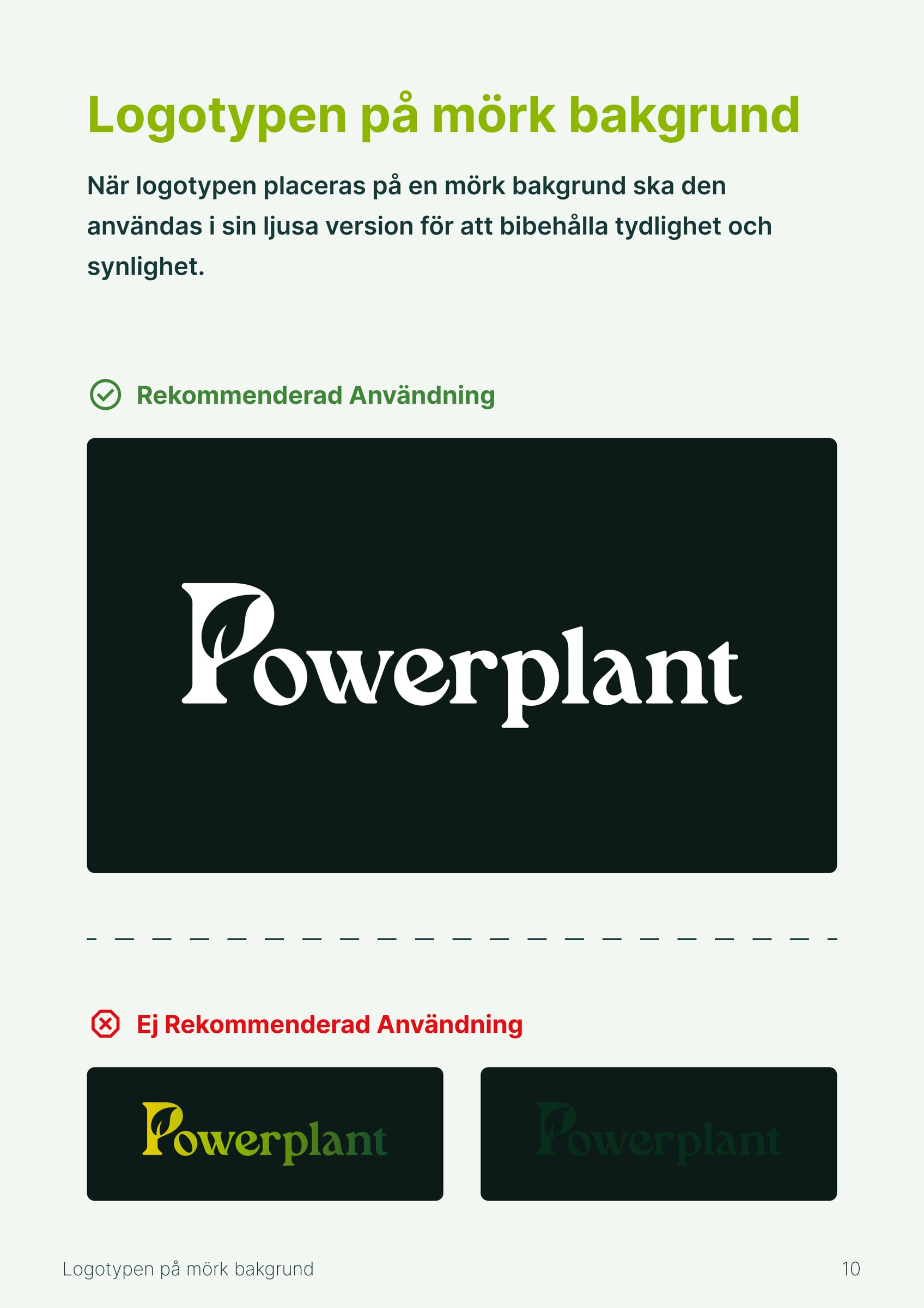 Manual page showing the white logo on a dark background as recommended, and the colour and dark versions on a dark background as not recommended.