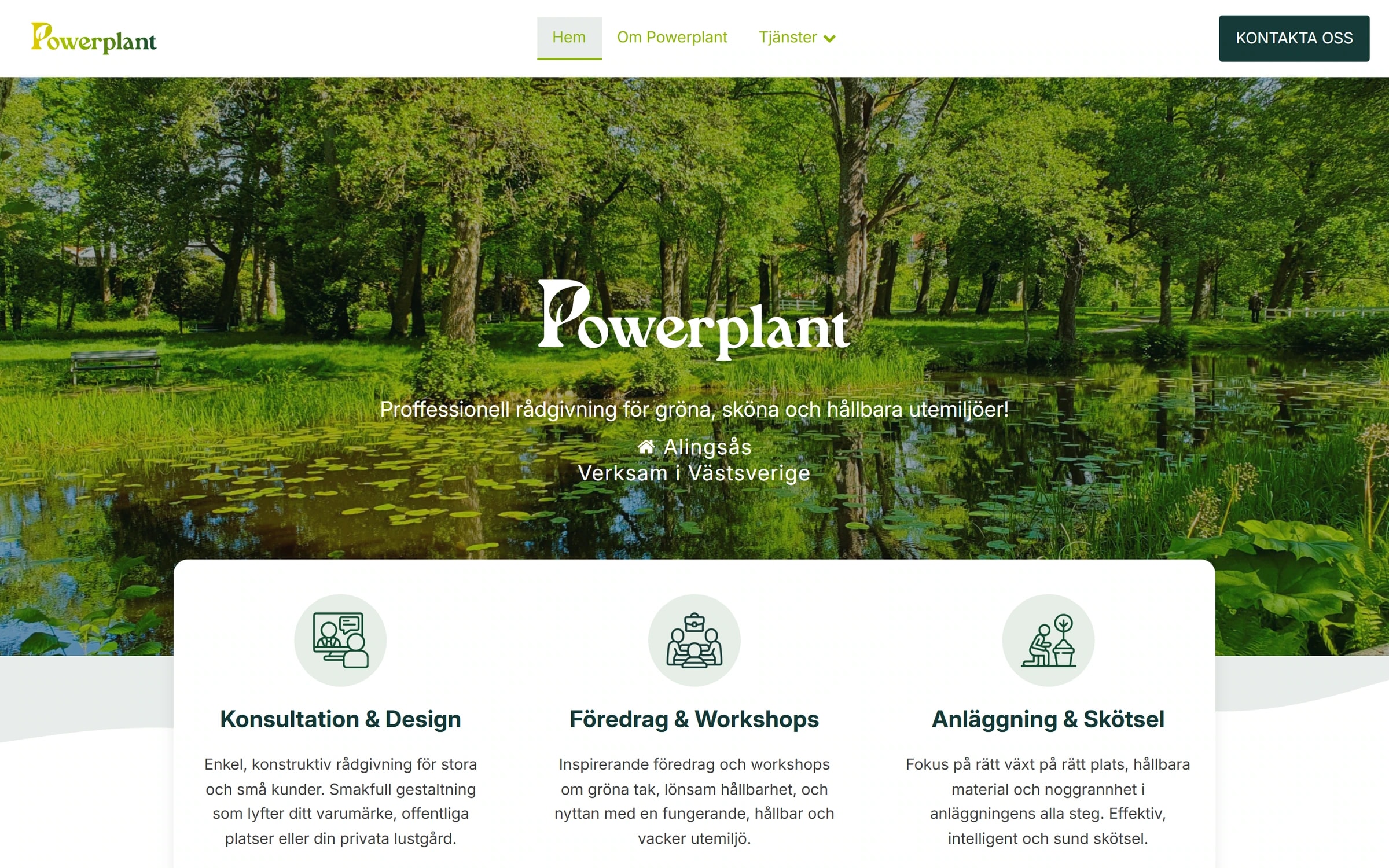 The home page of powerplantsweden.se: the colour logo in the menu, the white logo over a picture of a park with a pond, and three service cards below.