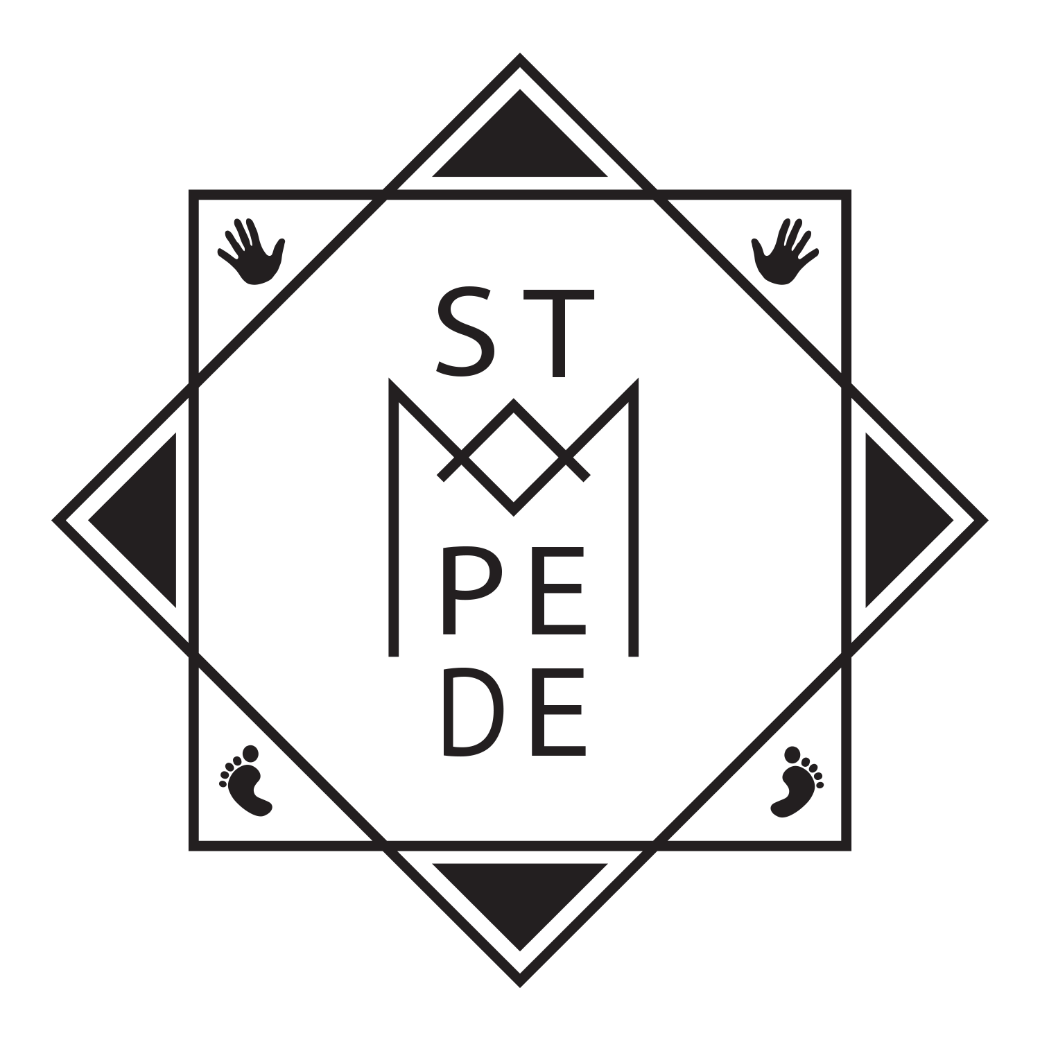 The finished logo in black: square and diamond, stacked letters, and hands and feet in the corners.