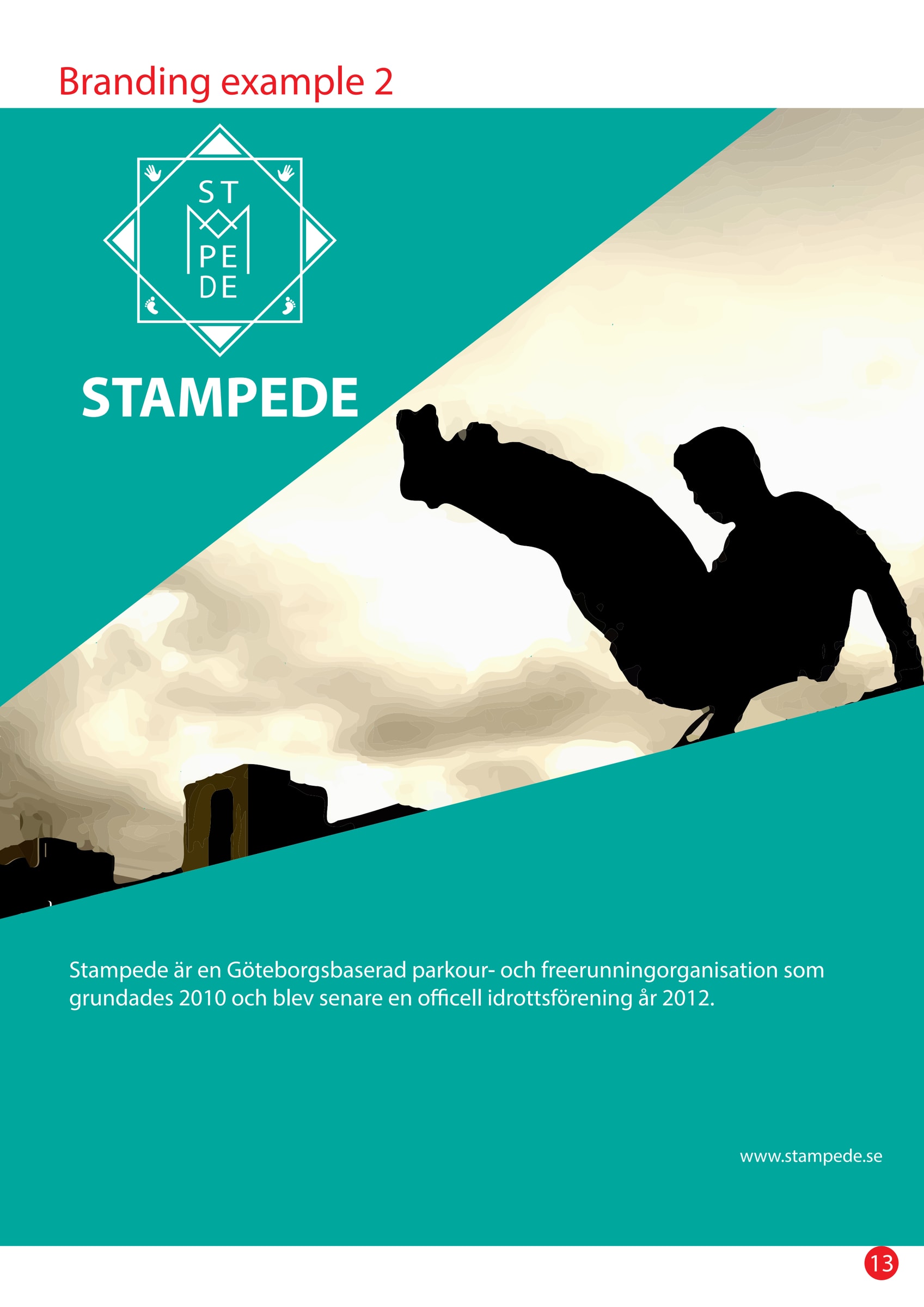 A turquoise poster with the logo and the word STAMPEDE at the top left, and a black silhouette of a person mid parkour jump against a bright sky.