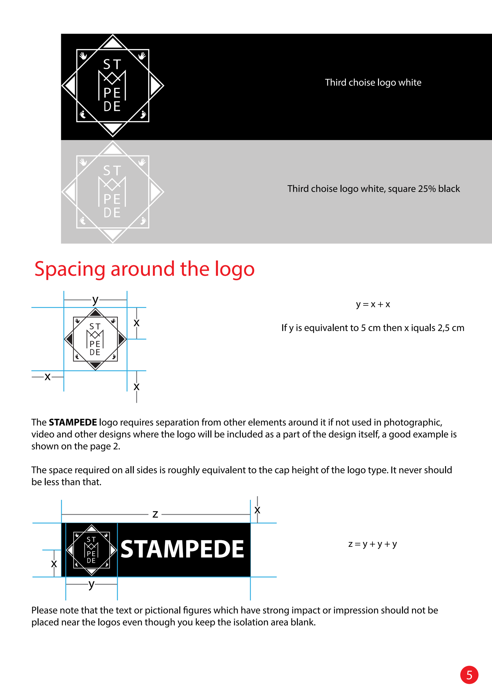 A manual page with the logo in white on black and grey, and below them drawings with blue guide lines showing the free space around the logo.