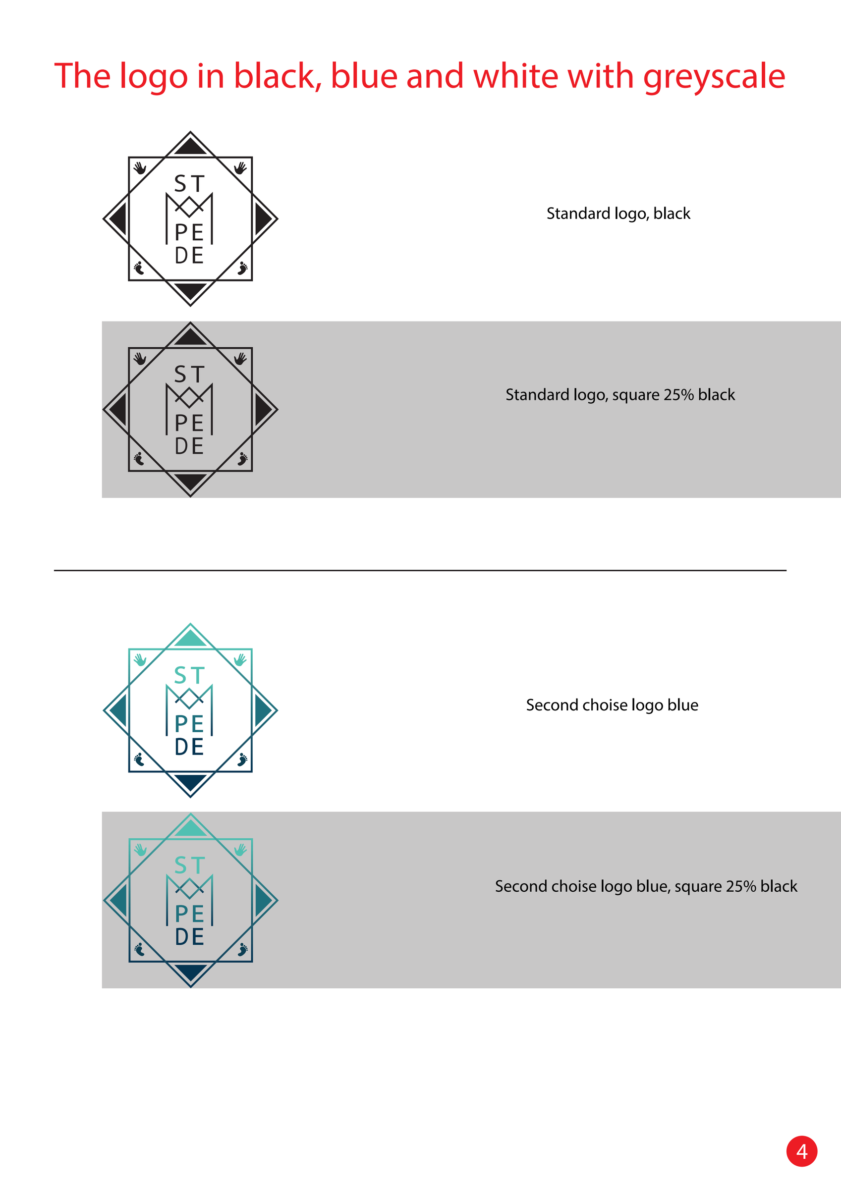 A manual page showing the black and the blue logo on white and on grey backgrounds.