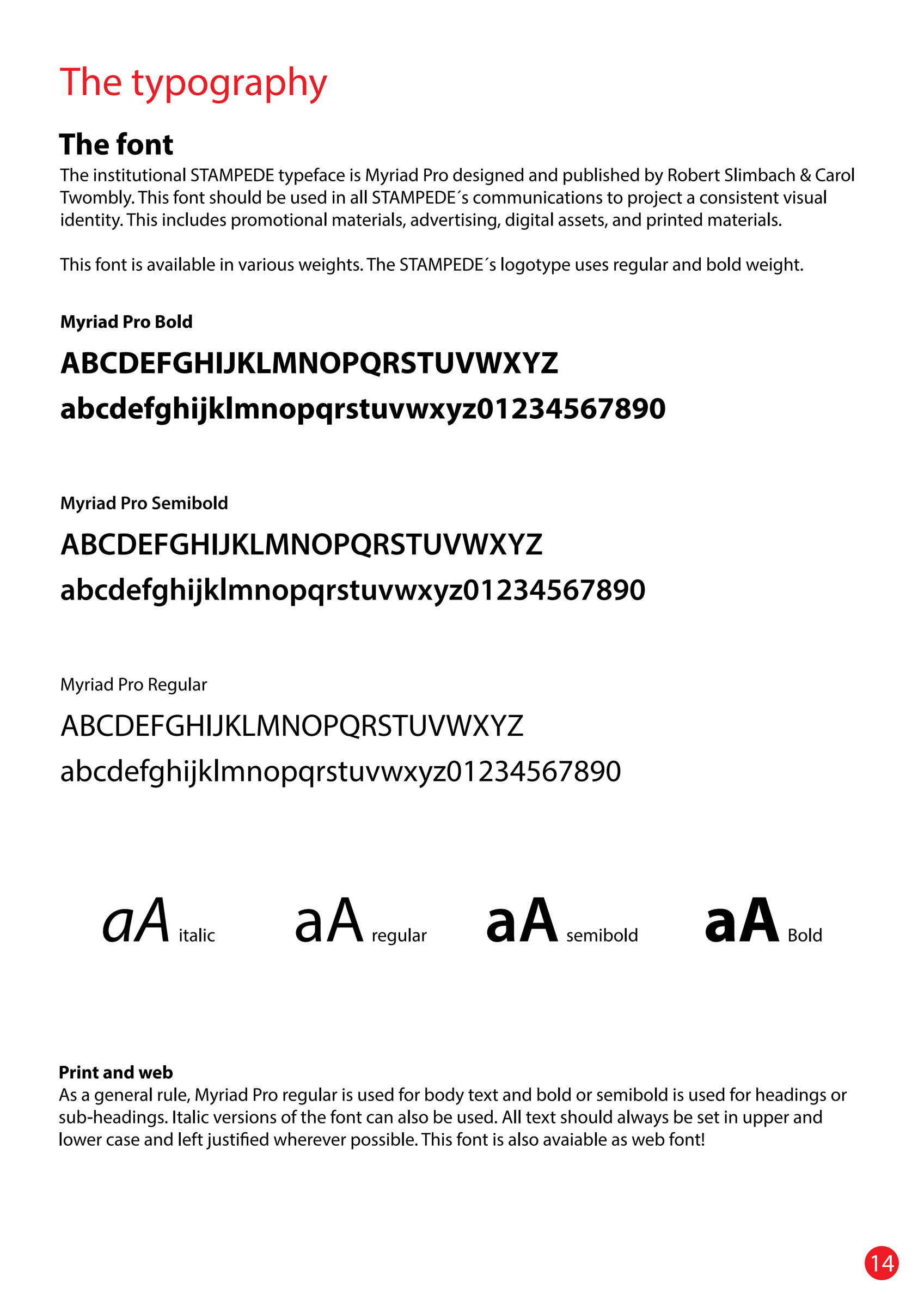 The manual's typography page: the alphabet in bold, semibold and regular weights, and the letters aA in four styles.