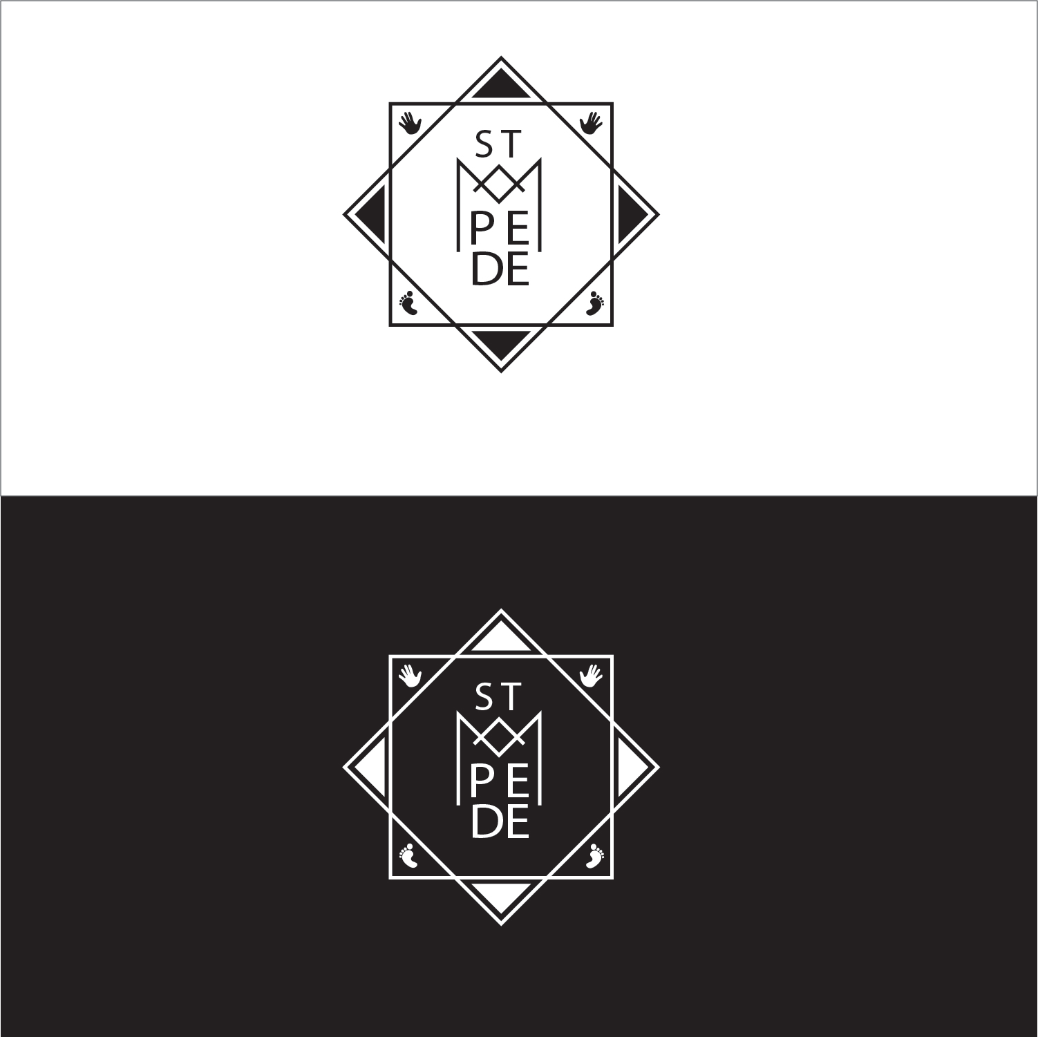 The first sketch of the logo, in black on a white background and in white on a black background.