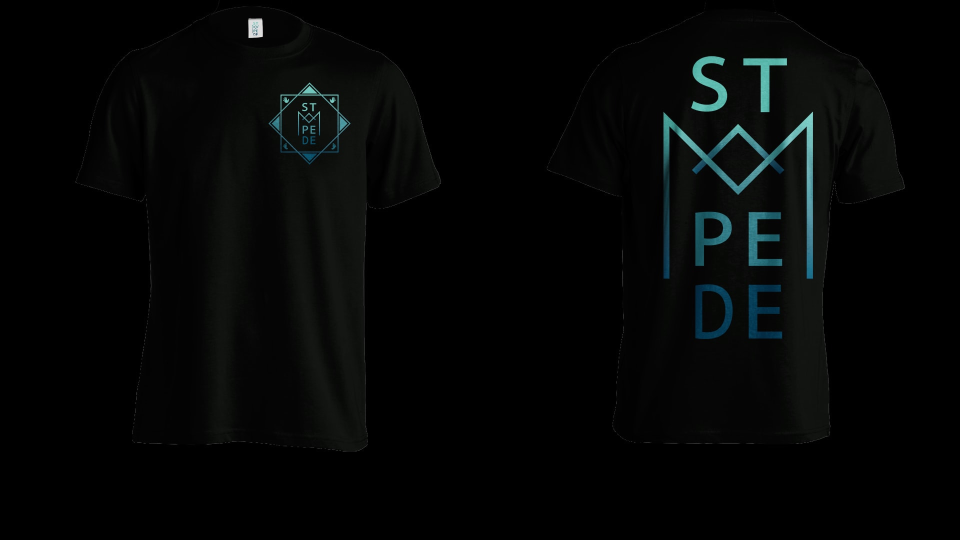 A black t-shirt, front and back. The Stampede logo in blue sits on the chest, and the large lettering ST, M, PE, DE runs down the back in a blue gradient.