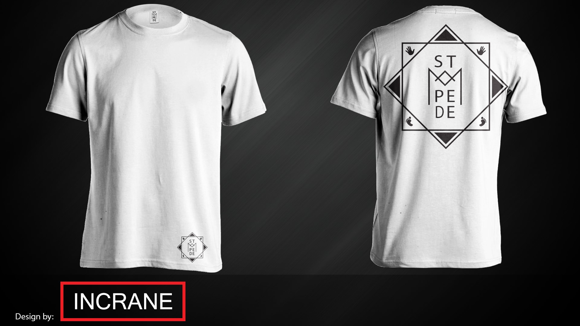 A white t-shirt, front and back, against a dark background: a small logo low on the front and a large logo on the back.