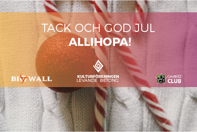 The 2016 Christmas card: a red bauble and candy canes under a pink-orange band with the text Tack och god jul allihopa!